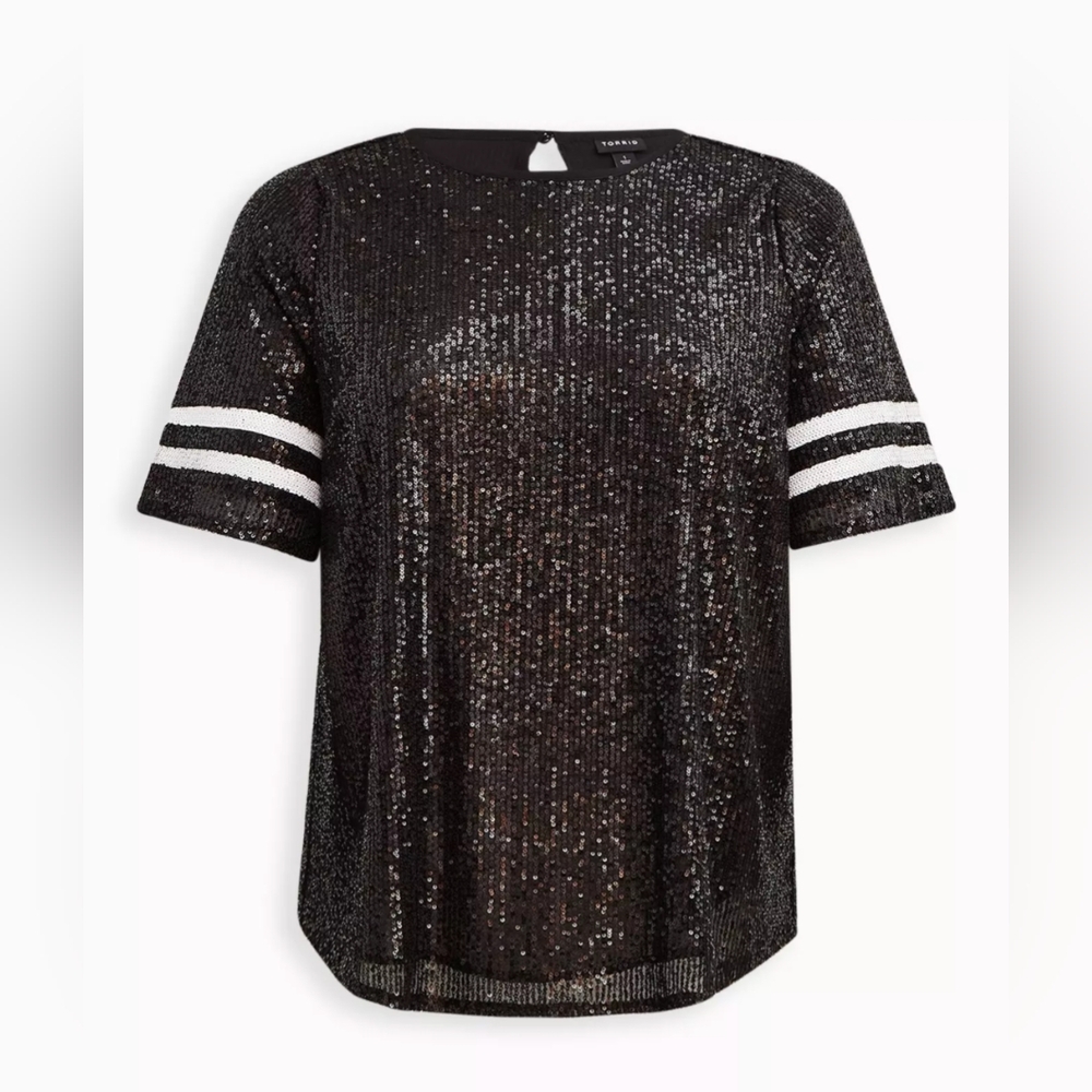 TORRID* 'Abbey' sequin football style jersey short sleeve loop back close sz. 1